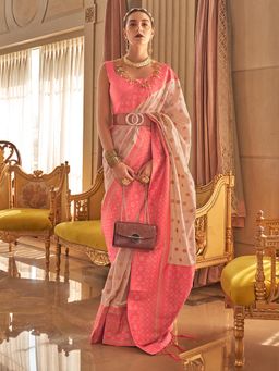 Akhilam - Women's Silk Blend Cream Woven Design Designer Saree with Unstitched Blouse