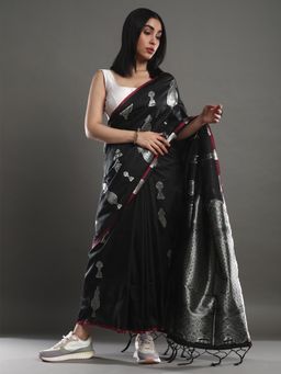 Akhilam - Women's Silk Blend Black Woven Design Celebrity Saree with Unstitched Blouse