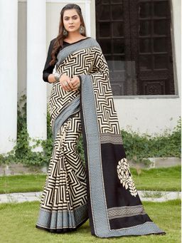 Akhilam - Women's Silk Blend Cream Printed Designer Saree with Unstitched Blouse