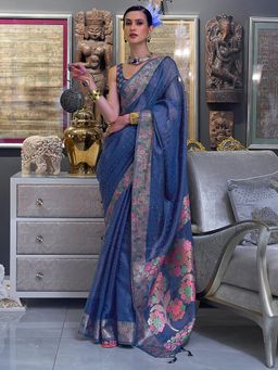 Akhilam - Women's Organza Navy Blue Embellished Designer Saree with Unstitched Blouse