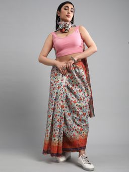 Akhilam - Women's Silk Blend Sea Green Printed Designer Saree with Unstitched Blouse