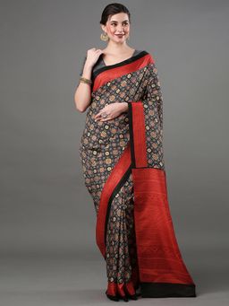 Akhilam - Women's Dola Silk Black Digital Print Designer Saree with Unstitched Blouse
