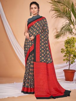 Sareemall - Women's Dola Silk Black Digital Print Designer Saree with Unstitched Blouse