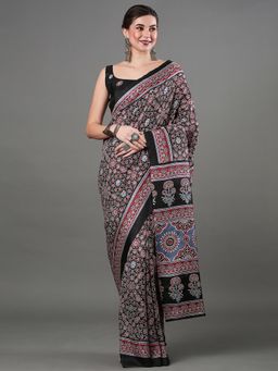 Akhilam - Women's Dola Silk Black Digital Print Designer Saree with Unstitched Blouse