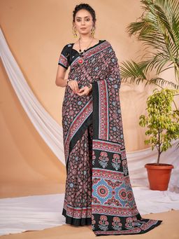 Sareemall - Women's Dola Silk Black Digital Print Designer Saree with Unstitched Blouse