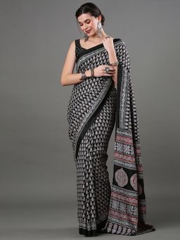 Akhilam - Women's Dola Silk Black Digital Print Designer Saree with Unstitched Blouse