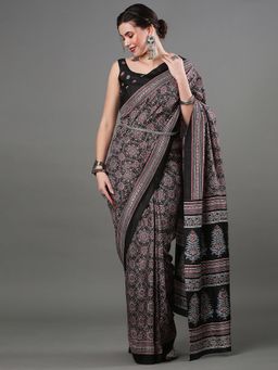 Akhilam - Women's Dola Silk Black Digital Print Designer Saree with Unstitched Blouse