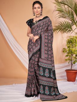 Sareemall - Women's Dola Silk Black Digital Print Designer Saree with Unstitched Blouse