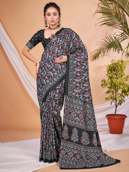 Sareemall - Women's Dola Silk Black Digital Print Designer Saree with Unstitched Blouse