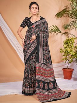 Sareemall - Women's Dola Silk Black Digital Print Designer Saree with Unstitched Blouse