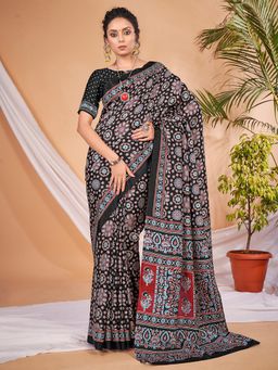 Sareemall - Women's Dola Silk Black Digital Print Designer Saree with Unstitched Blouse