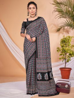 Sareemall - Women's Dola Silk Black Digital Print Designer Saree with Unstitched Blouse