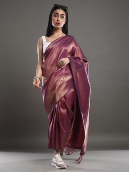 Akhilam - Women's Silk Blend Purple Woven Design Celebrity Saree with Unstitched Blouse