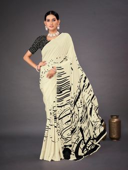 Akhilam - Women's Crepe Cream Digital Print Designer Saree with Unstitched Blouse