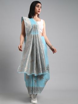 Akhilam - Women's Linen Turquoise Woven Design Woven Saree with Unstitched Blouse