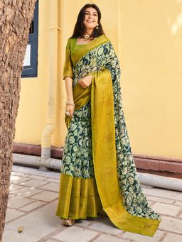 Sareemall - Women's Cotton Blend Teal Blue Printed Designer Saree with Unstitched Blouse