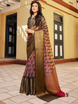 Akhilam - Women's Cotton Blend Black Printed Designer Saree with Unstitched Blouse