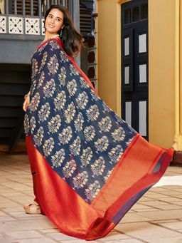 Akhilam - Women's Cotton Blend Navy Blue Printed Designer Saree with Unstitched Blouse