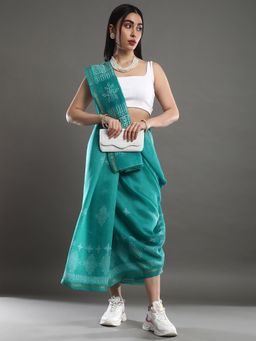 Akhilam - Women's Cotton Blend Sea Green Printed Celebrity Saree with Unstitched Blouse