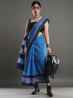 Akhilam - Women's Cotton Blend Blue Printed Celebrity Saree with Unstitched Blouse