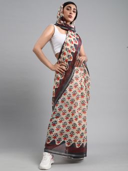 Akhilam - Women's Cotton Blend Beige Printed Celebrity Saree with Unstitched Blouse