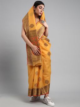 Akhilam - Women's Silk Blend Mustard Woven Design Designer Saree with Unstitched Blouse