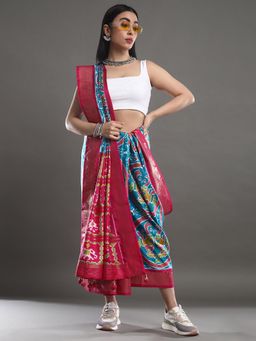 Akhilam - Women's Silk Blend Blue Printed Design Designer Saree with Unstitched Blouse