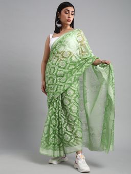 Akhilam - Women's Brasso Green Printed Designer Saree with Unstitched Blouse