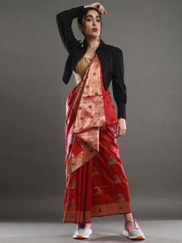 Akhilam - Women's Silk Blend Red Woven Design Designer Saree with Unstitched Blouse