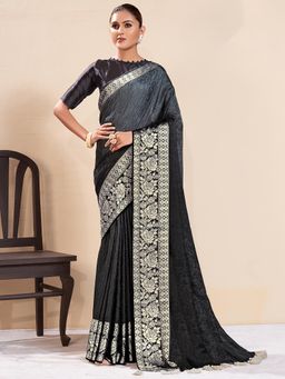 Sareemall - Women's Dola Silk Charcoal Grey Woven Design Designer Saree with Unstitched Blouse