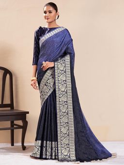 Sareemall - Women's Dola Silk Navy Blue Woven Design Designer Saree with Unstitched Blouse