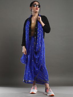 Akhilam - Women's Nylon Blue Woven Designer Saree with Unstitched Blouse