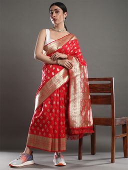 Akhilam - Women's Silk Blend Red Woven Design Celebrity Saree with Unstitched Blouse
