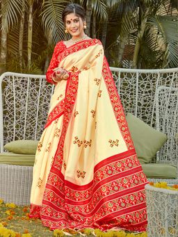 Akhilam - Women's Silk Blend Cream Digital Print Designer Saree with Unstitched Blouse