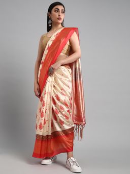 Akhilam - Women's Silk Blend Off White Digital Print Designer Saree with Unstitched Blouse