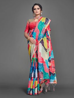 Akhilam - Women's Linen Blend Multicolored Printed Celebrity Saree with Unstitched Blouse