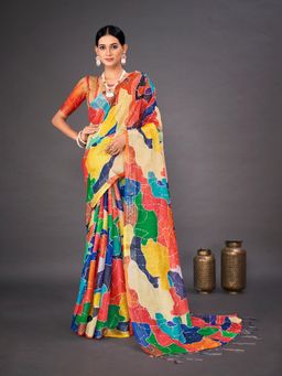 Akhilam - Women's Linen Multicolored Printed Designer Saree with Unstitched Blouse