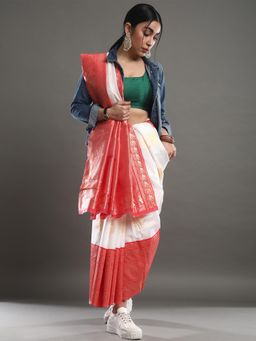 Akhilam - Women's Silk Blend Off White Woven Design Designer Saree with Unstitched Blouse