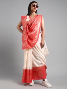 Akhilam - Women's Silk Blend Off White Woven Design Designer Saree with Unstitched Blouse