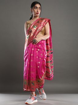 Akhilam - Women's Silk Blend Pink Woven Design Celebrity Saree with Unstitched Blouse