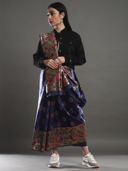 Akhilam - Women's Silk Blend Navy Blue Woven Design Celebrity Saree with Unstitched Blouse