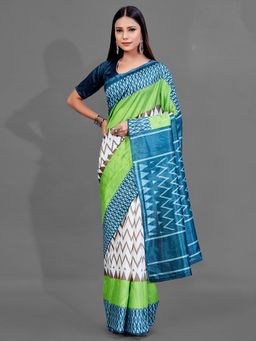 Akhilam - Women's Silk Blend Off White Printed Celebrity Saree with Unstitched Blouse