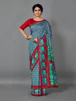 Akhilam - Women's Silk Blend Grey Printed Designer Saree with Unstitched Blouse