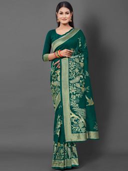 Akhilam - Women's Cotton Silk Green Woven Design Designer Saree with Unstitched Blouse