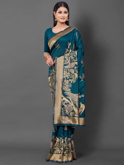 Akhilam - Women's Cotton Silk Teal Blue Woven Design Designer Saree with Unstitched Blouse