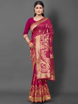 Akhilam - Women's Cotton Silk Magenta Woven Design Designer Saree with Unstitched Blouse