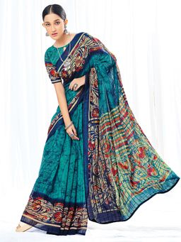 Akhilam - Women's Cotton Blend Teal Blue Printed Designer Saree with Unstitched Blouse