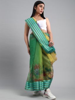 Akhilam - Women's Organza Green Printed Designer Saree with Unstitched Blouse