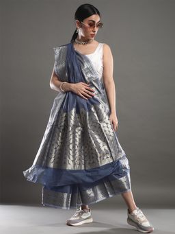 Akhilam - Women's Linen Blend Blue Woven Design Celebrity Saree with Unstitched Blouse