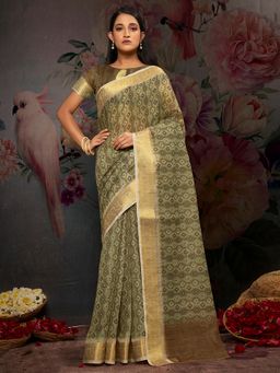 Akhilam - Women's Cotton Blend Olive Digital Print Designer Saree with Unstitched Blouse
